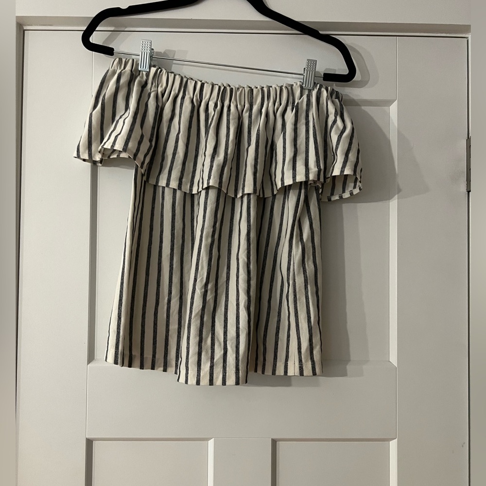 Banana Republic White and Navy Stripe Off The Shoulder Top, s